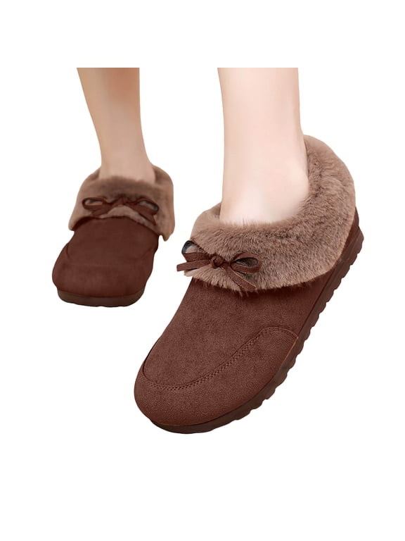 Womens Snow Boots Suede Low Top Furry Lined Warm Winter Slip on House Shoes Comfort Moccasins Slippers
