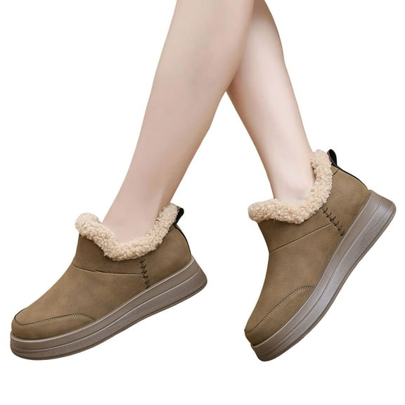 Womens Snow Boots Waterproof Stitching Leather Slip on Memory Foam Furry Lined Winter House Shoes Indoor Outdoor Booties