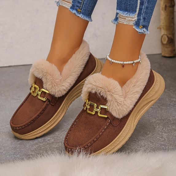 Womens Snow Boots Wedge Heel Boots Thick Sole Warm Winter Boots with Metal Buckle and Furry Collar Fashion Casual Shoes for Outdoor Daily Leisure Wear