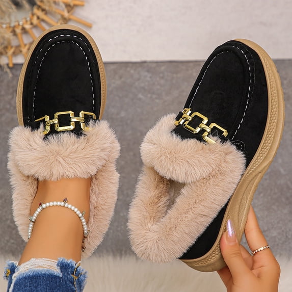 Womens Snow Boots Wedge Heel Boots Thick Sole Warm Winter Boots with Metal Buckle and Furry Collar Fashion Casual Shoes for Outdoor Daily Leisure Wear