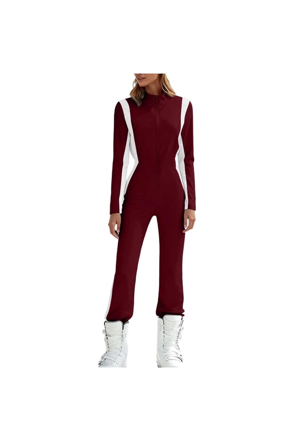 Womens Snow Suit Warm Winter Waterproof Insulated Snowsuit One Piece Ski Jumpsuit Front Zip Pockets Fashion Overall Deep Red S