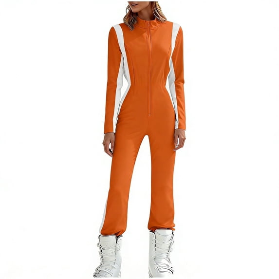 Womens Snow Suit Warm Winter Waterproof Insulated Snowsuit One Piece Ski Jumpsuit Front Zip Pockets Fashion Overall Orange 3XL