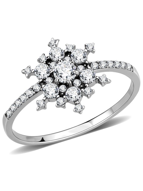 Womens Snowflake Ring, Cluster Engagement Wedding Ring, Pave Set Solitaire With Accents Anniversary Ring, 14K White Gold Plated, 2.3 Ct Simulated Diamond