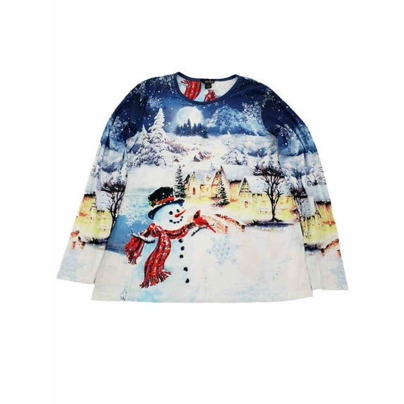 Womens Snowy Scene Sparkle Christmas Xmas Holiday Long Sleeve Tee T-Shirt Top L