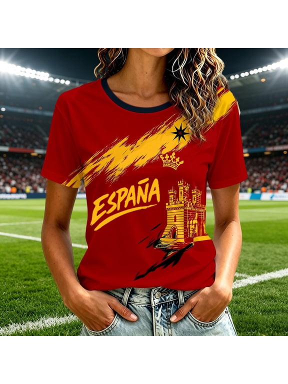 Womens Soccer Shirt Spain Raglan Tops Short Sleeve Spanish Print Round Neck Casual T Shirt Top Sports Fan Casual Tops Tee S