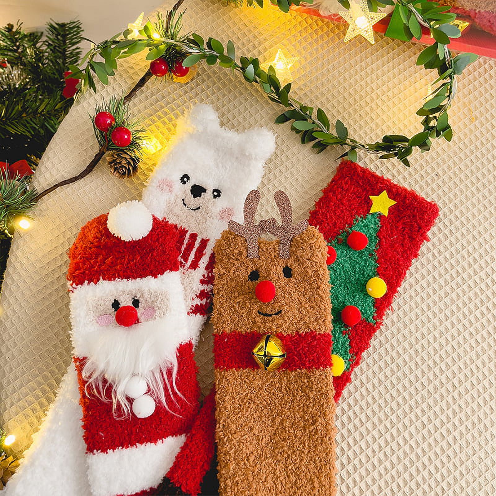 Womens Socks, 4 Pair Christmas Fuzzy Slipper Socks, Soft Warm Cute Cozy Fluffy Winter Christmas