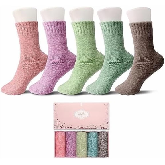 Womens Socks 5 Pairs Wool Warm Cotton Thick Vintage Casual Winter Cabin Crew Fuzzy Socks Gifts For Women