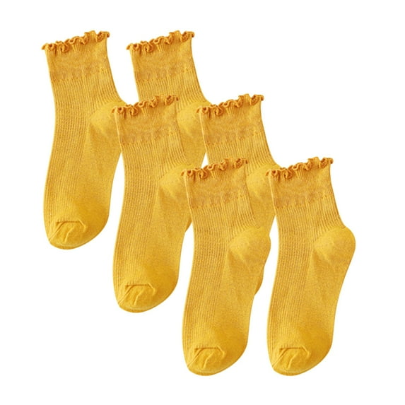 Womens Socks Ankle New 3 Pairs of Short Solid Colored Socks with Wooden Ear Edges Style B-96 Yellow One Size