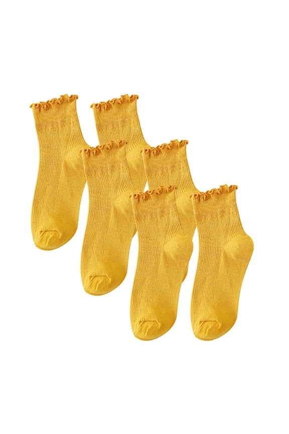 Womens Socks Ankle New 3 Pairs of Short Solid Colored Socks with Wooden Ear Edges Style B-96 Yellow One Size