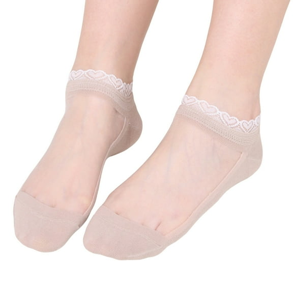 Womens Socks Lace Trim Short Socks Breathable Crystal Silk Thin Socks Compression Socks for Women Beige One Size