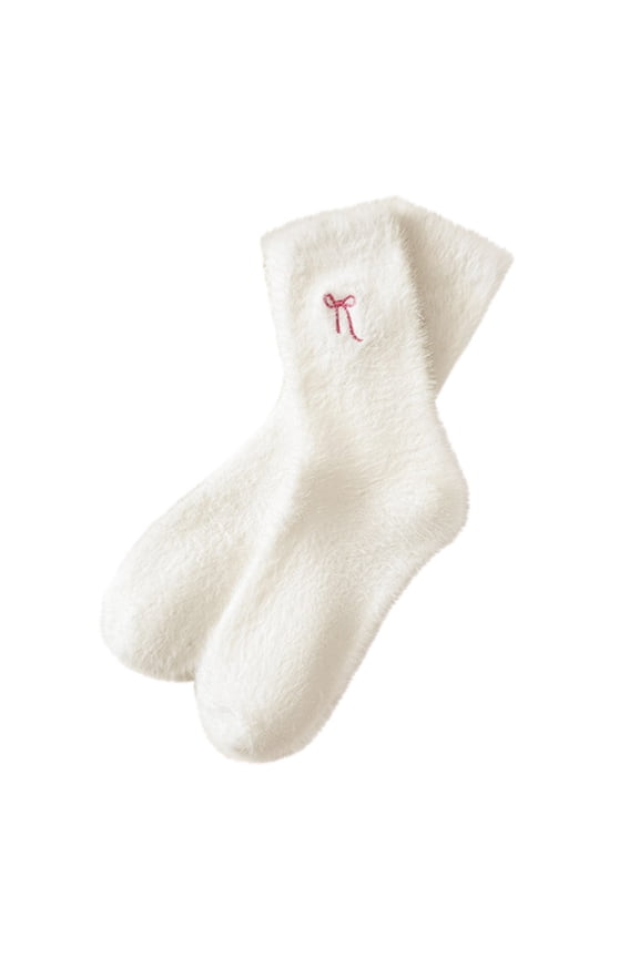 Womens Socks Ladies' Mink Fleece Socks Cold and Warm Keeping Korean Style Bow Decorated Mid Calf Socks Home Plush Sleep Socks