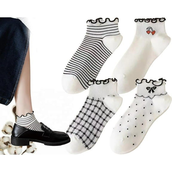 Womens Socks Ruffle Ankle Striped Bows Argyl Plaid Dots White Cotton Sock Crew One Size