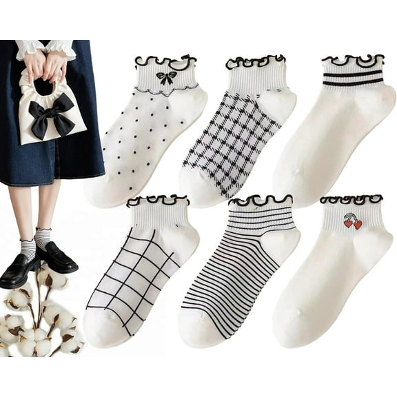 Womens Socks Ruffle Ankle Striped Bows Argyl Plaid Dots White Cotton Sock Crew