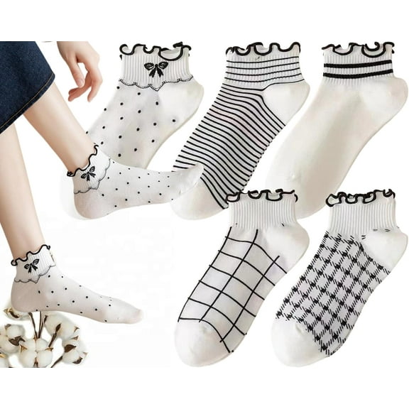 Womens Socks Ruffle Ankle Striped Bows Argyl Plaid Dots White Cotton Sock Crew