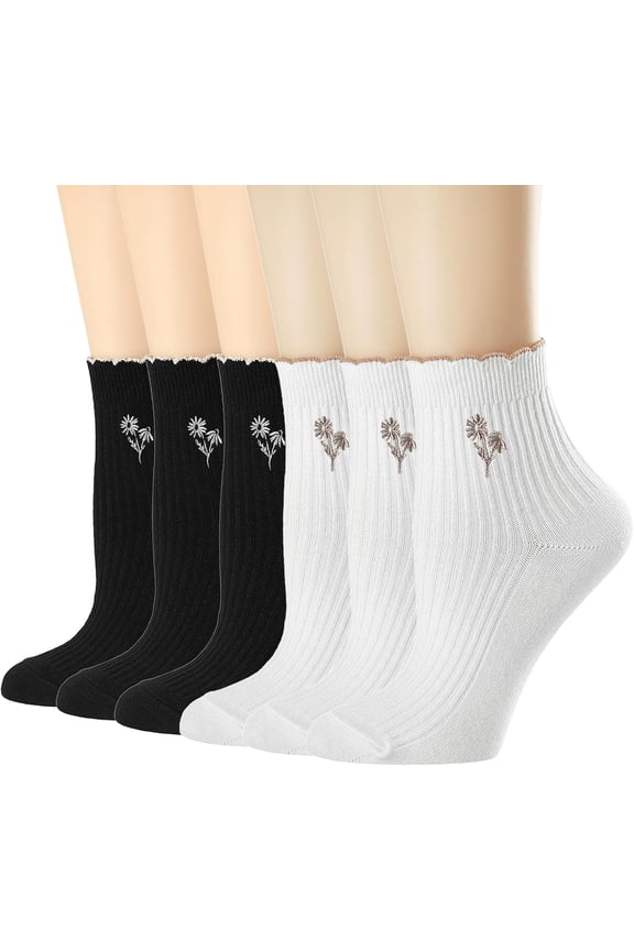 Womens Socks, Ruffle Turn-Cuff Casual Ankle Breathable Cool Knit Cotton Lettuce Crew Frilly Sock 6 Pairs