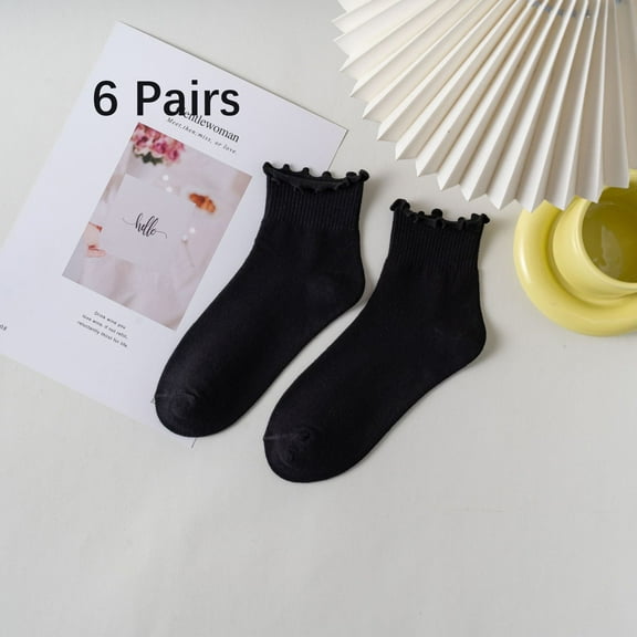 Womens Socks, Ruffle Turn-Cuff Casual Ankle Socks Breathable Cool Knit Cotton Lettuce Crew Frilly Sock 6 pairs A