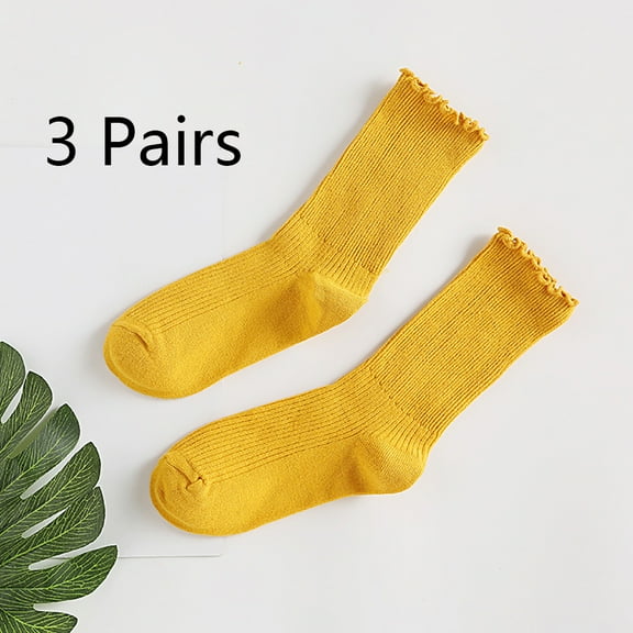 Womens Socks. Ruffle Turn-Cuff Casual Ankle Socks Breathable Cool Knit Cotton Lettuce Crew Frilly Sock Yellow 3 pairs