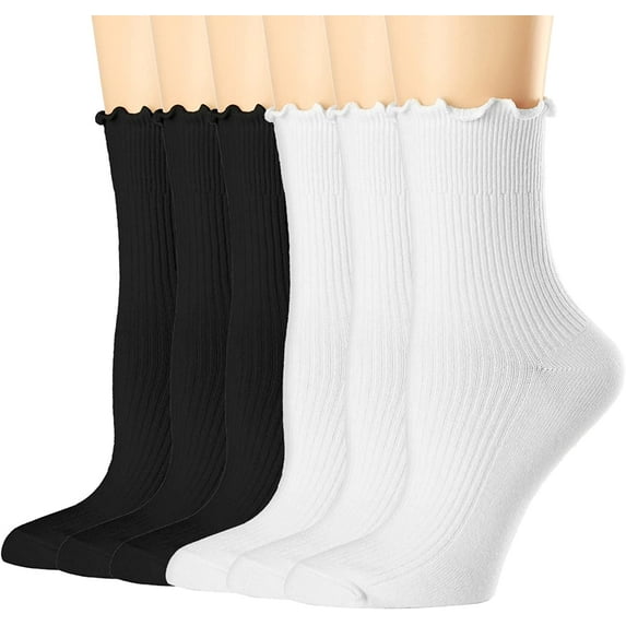 Womens Socks, Ruffle Turn-Cuff Casual Ankle Socks Warm Knit Cotton Lettuce Crew Frilly Sock 6 Pack