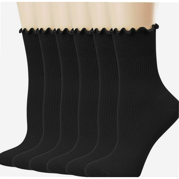 Womens Socks, Ruffle Turn-Cuff Casual Crew Socks Breathable Cool Knit Cotton Lettuce Ankle Frilly Sock 6 Pack