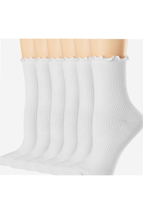 Womens Socks, Ruffle Turn-Cuff Casual Crew Socks Breathable Cool Knit Cotton Lettuce Ankle Frilly Sock 6 Pack