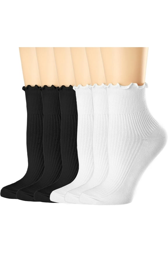 Womens Socks, Size 9-11, Ruffle Turn-Cuff Casual Ankle Breathable Cool Knit Cotton Lettuce Crew Frilly Sock 6 Pack