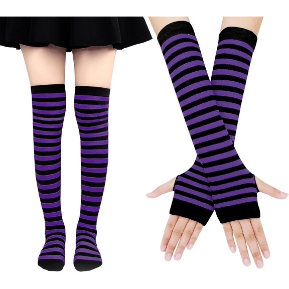 Womens Socks Striped Knee High Socks Arm Warmer Fingerless Gloves Set