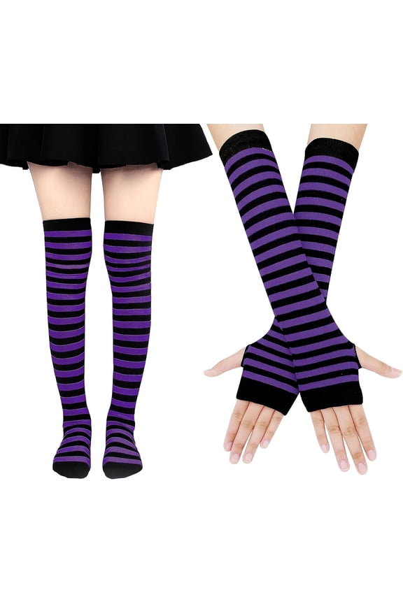 Womens Socks Striped Knee High Socks Arm Warmer Fingerless Gloves Set
