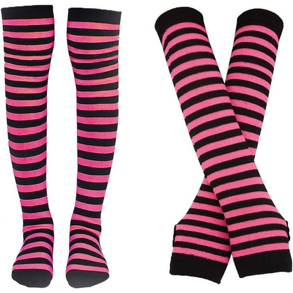 Womens Socks Striped Knee High Socks Arm Warmer Fingerless Gloves Set