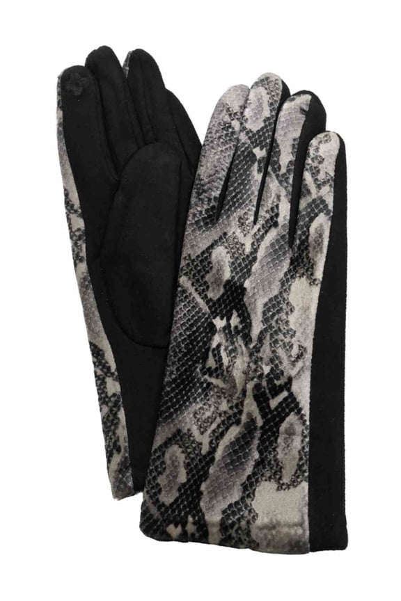 Womens Soft Black Velvet Snake Print Stretch Fit Text & Tech Touchscreen Gloves