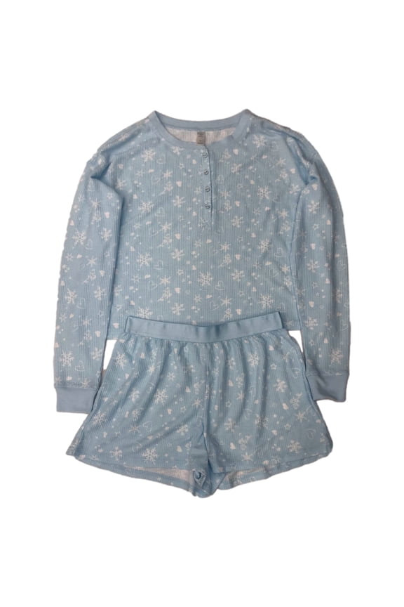 Womens Soft Blue Ribbed Snowflake Pajamas Top & Shorts Sleep Set Large