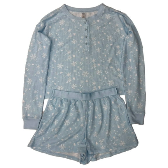 Womens Soft Blue Ribbed Snowflake Pajamas Top & Shorts Sleep Set Medium