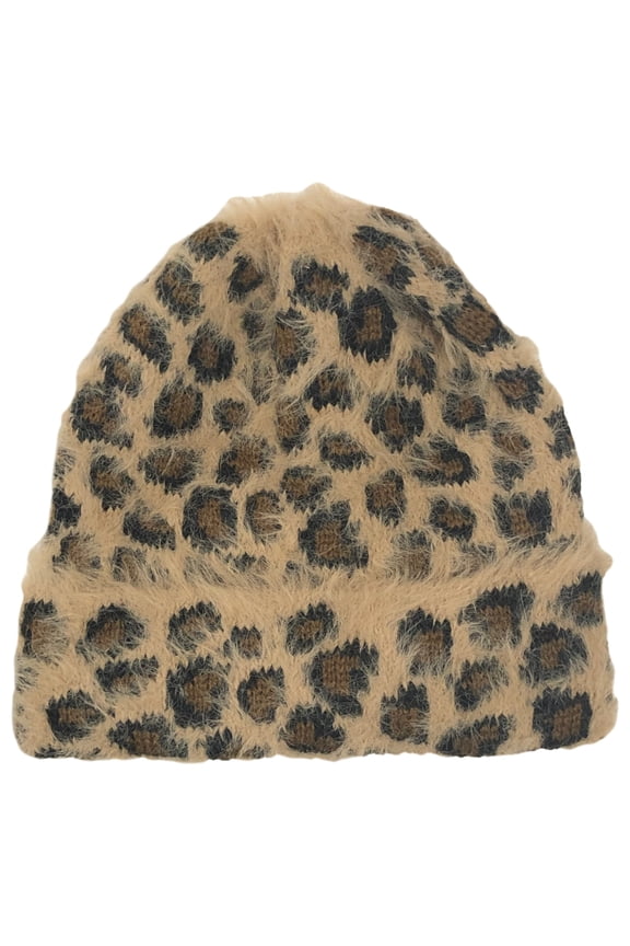 Womens Soft Brown & Tan Leopard Print Beanie Cuffed Stocking Cap Hat