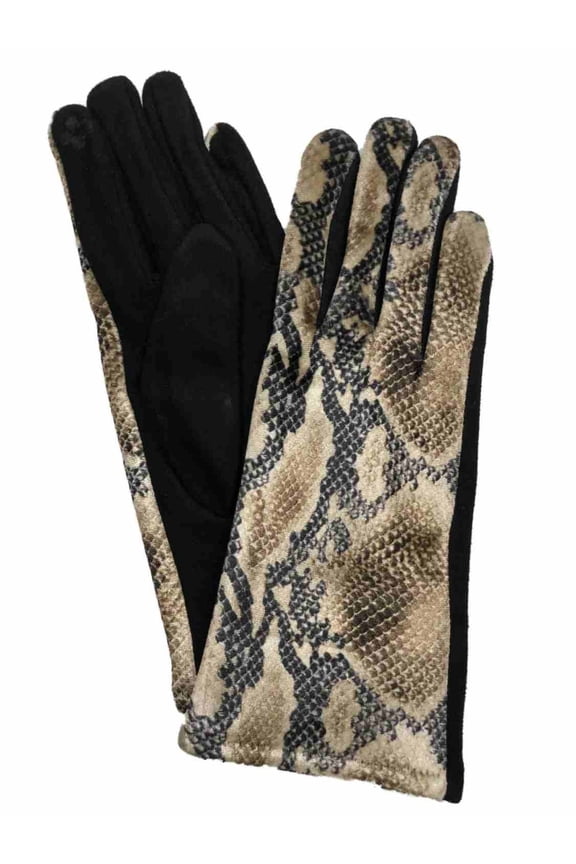 Womens Soft Brown Velvet Snake Print Stretch Fit Text & Tech Touchscreen Gloves