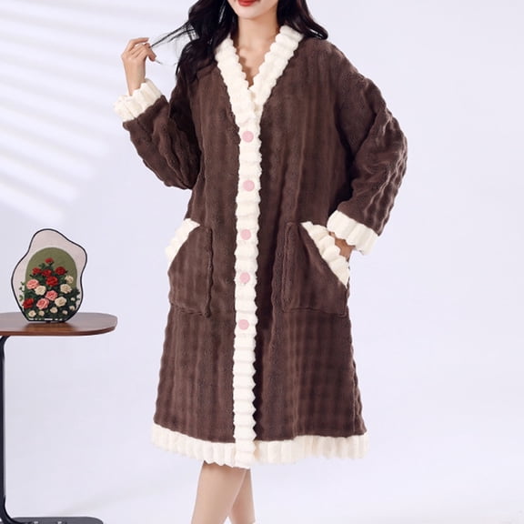 Womens Soft Button Long Robes, Winter Warm Bathrobes V-Neck Loungewear House Coat with Pockets Winter Thermal Nightgowns Home Wear Brown One Size