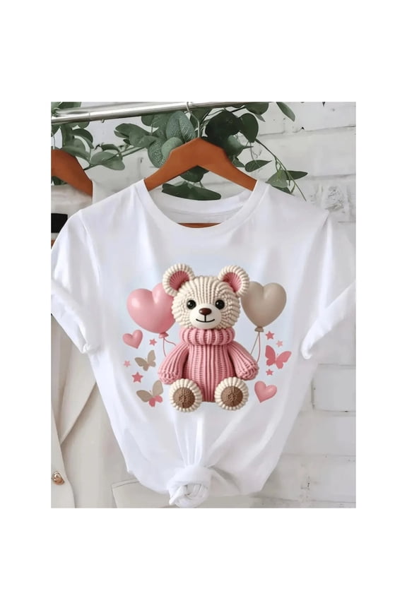 Womens Soft Comfort Cute Teddy Bear Balloon Print Graphic Unisex T-Shirt, S - 5XL