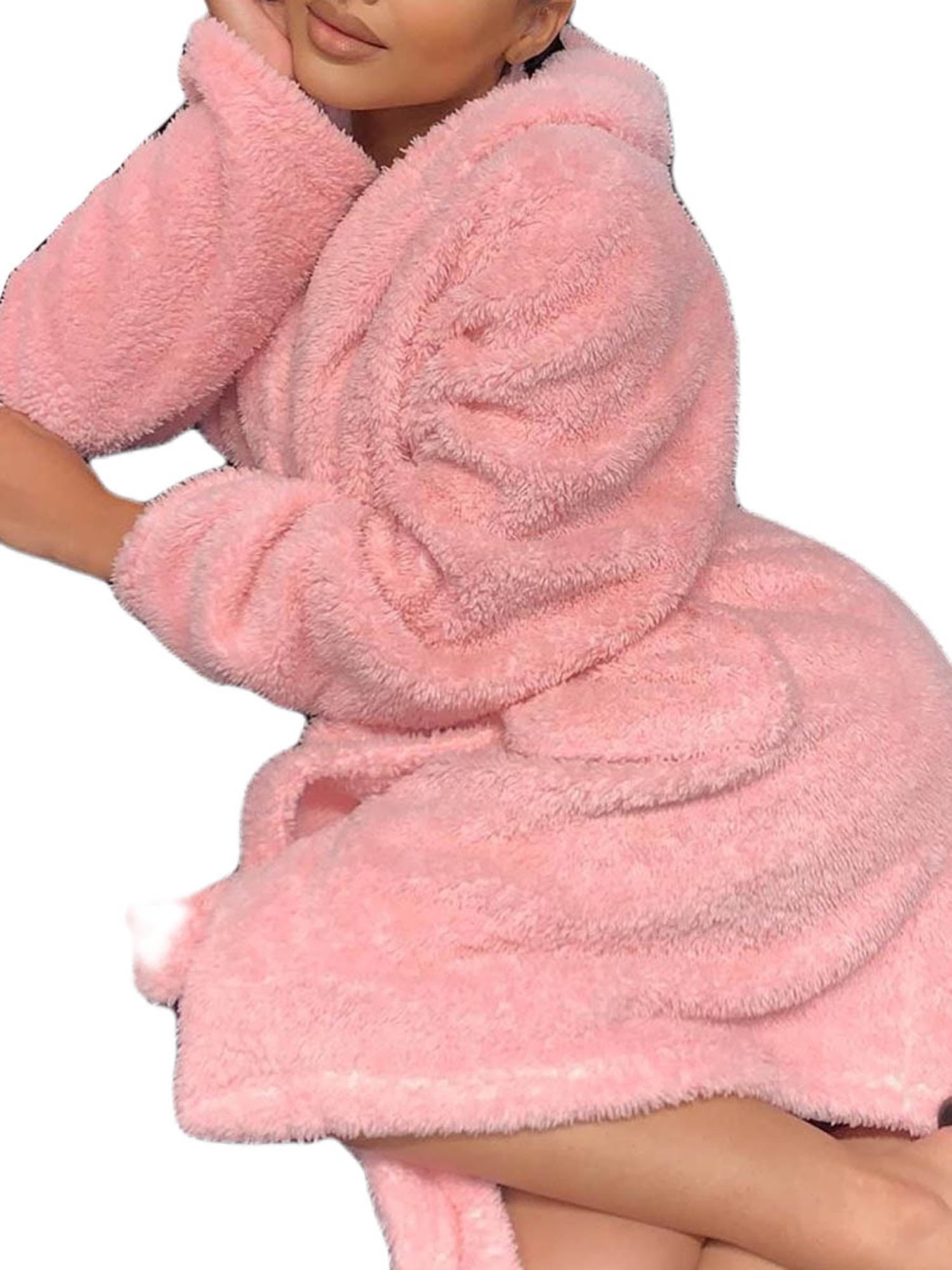 Womens Soft Cute Warm Long Fleece Plush Robe with Hood Animals Ears Bathrobe