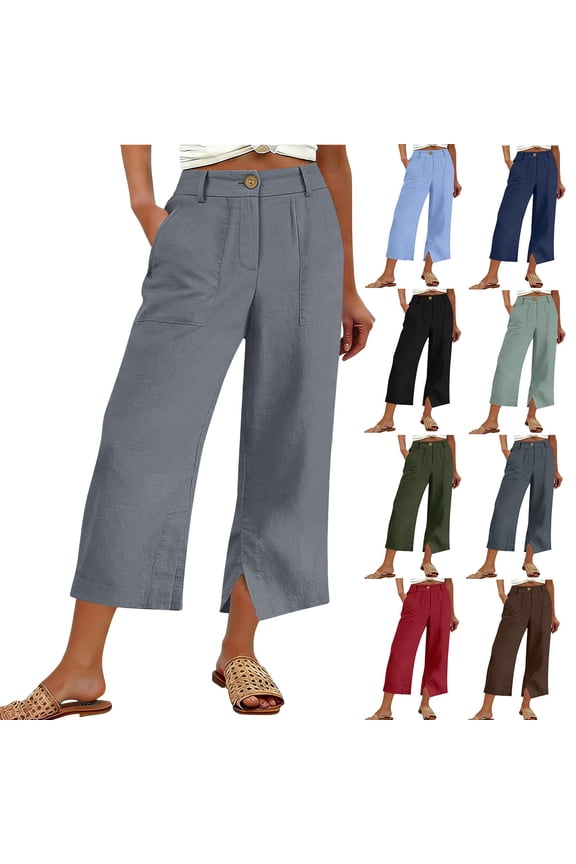 Womens Soft Fabric Mid Waisted Cropped Pants with Slits, Functional Side Pockets, Tummy Control Straight Leg Casual Trousers, for Work, Travel, Vacation, Spring, | TruHer,Black S