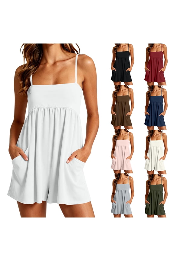 Womens Soft Fabric Sleeveless Romper, Adjustable Shoulder Straps Relaxed Tank Fit, Functional Side Pockets Lightweight Athletic Matrix Blend, Summer Gym Running Fitness Workout Activewear,