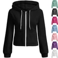 thumbnail image 1 of Womens Soft Fleece Long Sleeve Full Zip Hooded Sweatshirt Fitted Track Jacket Warm Activewear with Drawstring Pocket for Workout Running, Black, L, 1 of 8