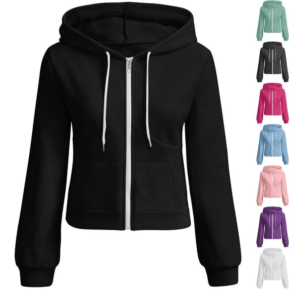 Womens Soft Fleece Long Sleeve Full Zip Hooded Sweatshirt Fitted Track Jacket Warm Activewear with Drawstring Pocket for Workout Running, Black, L