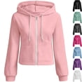 thumbnail image 1 of Womens Soft Fleece Long Sleeve Full Zip Hooded Sweatshirt Fitted Track Jacket Warm Activewear with Drawstring Pocket for Workout Running, Pink, XXL, 1 of 8