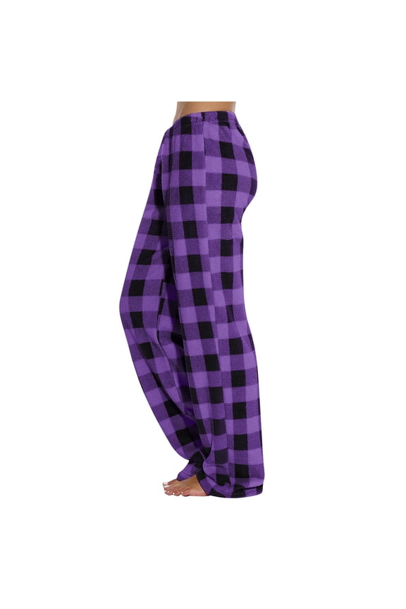 Womens Soft Fleece Plaid Pants Elastic Drawstring Waist Flannel Check Sleepwear Lounge Pants Casual Home Trousers Purple XS