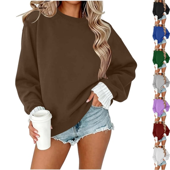 Womens Soft Fleece Pullover Crewneck Oversized Sweatshirt Layered Ruffle Cuff Long Sleeve Cozy Casual Fall Travel Clothes Airport Wear, Brown, XL