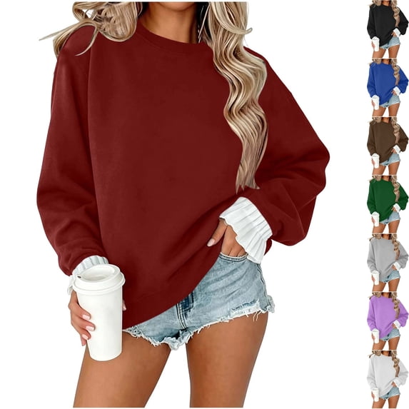 Womens Soft Fleece Pullover Crewneck Oversized Sweatshirt Layered Ruffle Cuff Long Sleeve Cozy Casual Fall Travel Clothes Airport Wear, Wine, XXL