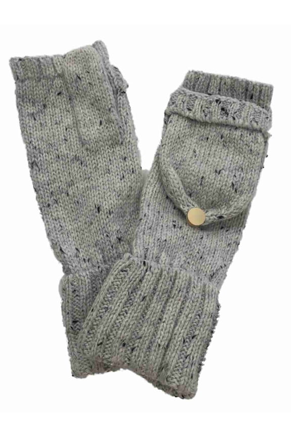 Womens Soft Gray Speckle Cuffed Knit Fingerless Flip Top Convertible Gloves
