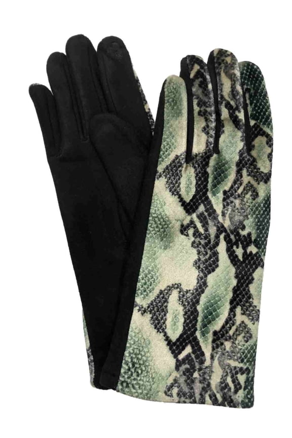 Womens Soft Green Velvet Snake Print Stretch Fit Text & Tech Touchscreen Gloves