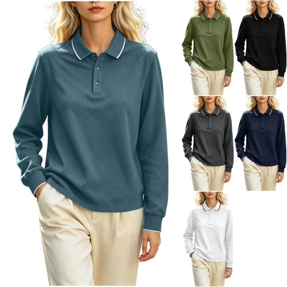 Womens Soft Knit Long Sleeve Golf Shirts Collared Contrast Trim Quick Dry Dressy Pullover Tees for Tennis Workout Athletic Work Office, Dark Blue, XXL