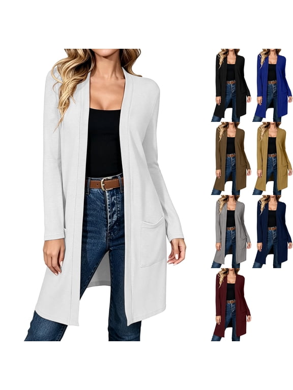Womens Soft Knit Long Sleeve Open Front Cardigan Sweaters Coatigan Knee Length Drape Casual Fall Cover Ups with Pockets for Travel Layering , White, L