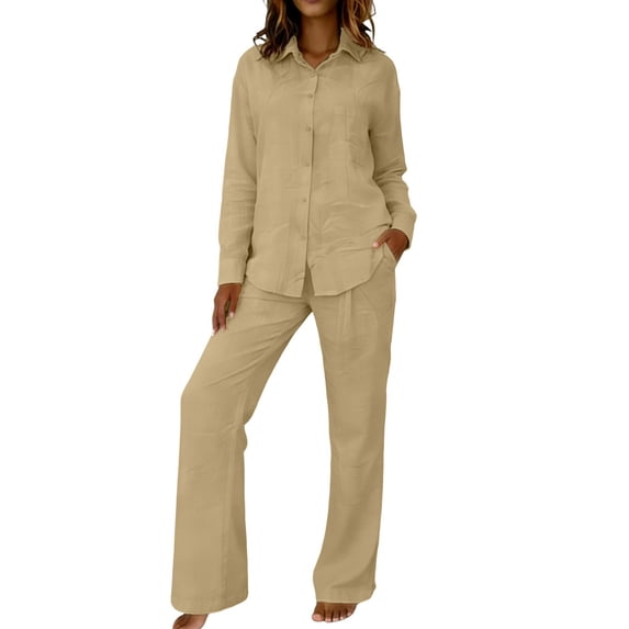 Womens Soft Linen Pajama Set Long Sleeve Relaxed Shirt and Wide Leg Pants Comfortable Sleepwear Cozy Loungewear Khaki XL