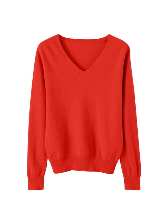 Womens Soft Long Sleeve Sweaters Lightweight Knit Solid V Neck Pullover Tops